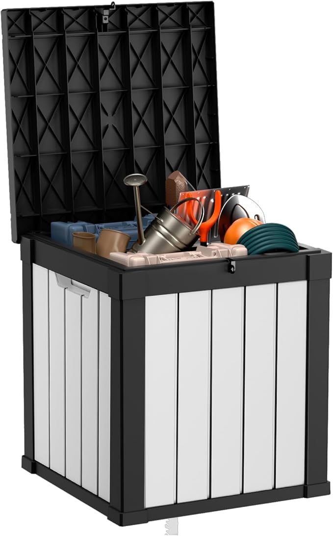 40 Gallon Resin Deck Box, Lockable Patio Outdoor Storage Box for Furniture, Garden Tools and Tools Storage, Waterproof Outside Storage Boxes - Black&White