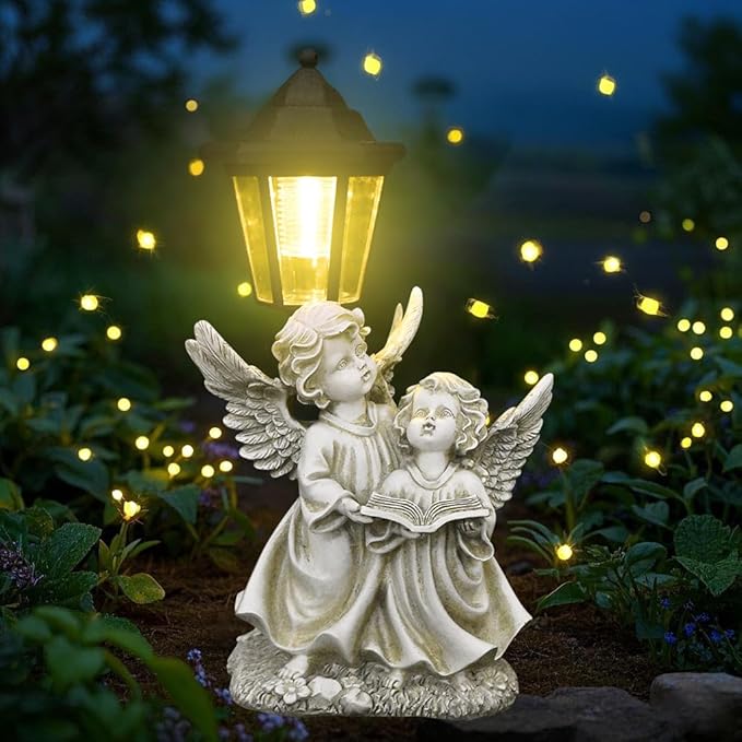 Solar Garden Outdoor Decor Statues Winged Angel Reading with Light,Outside-Outdoor Decorations Sculptures for Patio Yard Lawn Walkway Ornaments Clearance Gifts for Mom Grandma Birthday