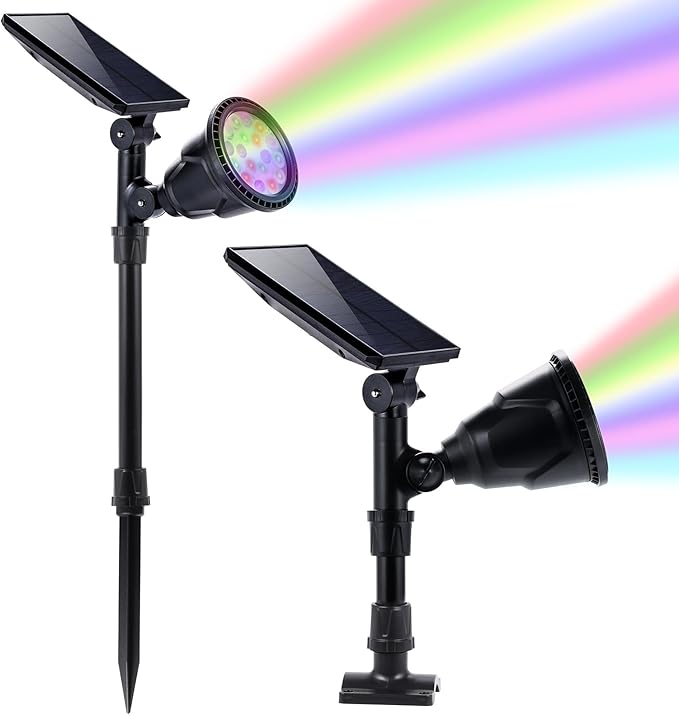 Solar Outdoor Spotlights - 18 LED, 600 Lumens, Waterproof, 7 Colors Adjustable for Year Round Patio, Garden, and Landscape Festive Lighting (2 Pack)