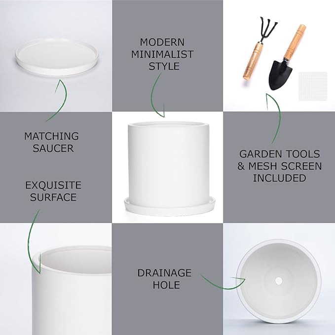 Plant Pots 10 Inch Ceramic Planter with Drainage Hole and Saucer, Matte White Modern Cylinder Planter Pot for Indoor Outdoor Plants Flowers, Full Glazed Finish