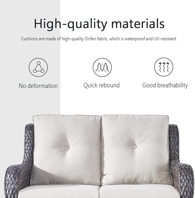 5 Piece Outdoor Patio Furniture Set - Wicker Furniture Patio Conversation Set, Outdoor Swivel Rocker Chairs with Loveseat Sofa and 2 Ottomans for Small Space, Beige Cushion