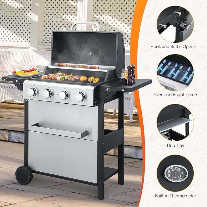 4-Burner Propane Gas Grill, 34,200 BTU Outdoor BBQ Grill with Stainless Steel Warming Rack & Enameled Cooking Grids – Foldable Side Tables, Built-in Thermometer, Hanging Basket – Heavy-Duty 6" Wheels