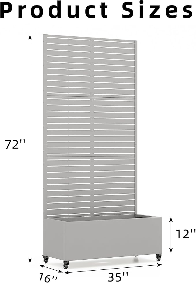 Casaphoria Metal Raised Garden Bed with Trellis and Wheels, 72"x35"x16" Planter Box for Climbing Plants, Vegetables & Vines, Features Drainage Holes and Privacy Screen (Grey-Louvered)
