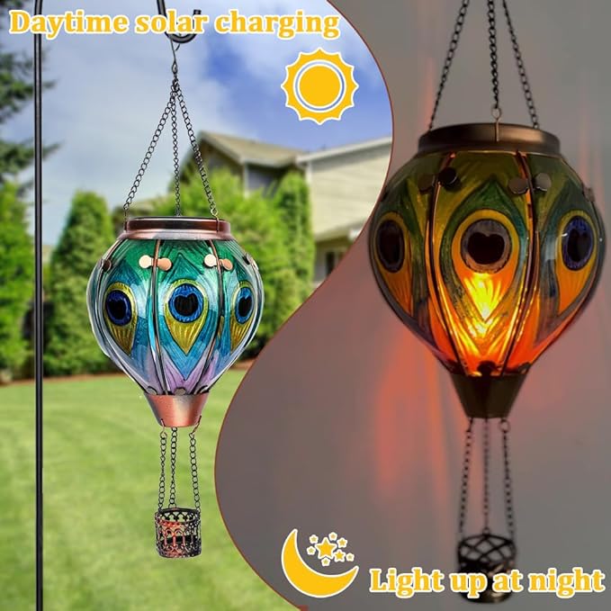 2PCS Solar Hot Air Balloon Lanterns with Flame with Shepherd's Hooks, Glass Hanging Flickering Lights Outdoor Waterproof for Garden Tree Yard Patio Mother's Day Gift, 18" H Peacock Green