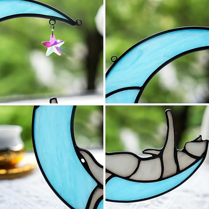 BOXCASA Colorful Crystals Star Cat Suncatchers for Window,Gray Cat Stained Glass Window Hanging,Funny Cat Moon Decor,Cat Gifts for Cat Lovers,Women Mom Grandma Aunt Friend