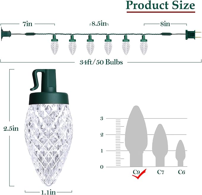 C9 LED Christmas Lights, 34FT 50 Bulbs Outdoor Christmas Decorations for House Waterproof String Lights Extendable Green Wire Fairy Lights for Patio Xmas Garden Party Wedding Holiday Indoor Pure White