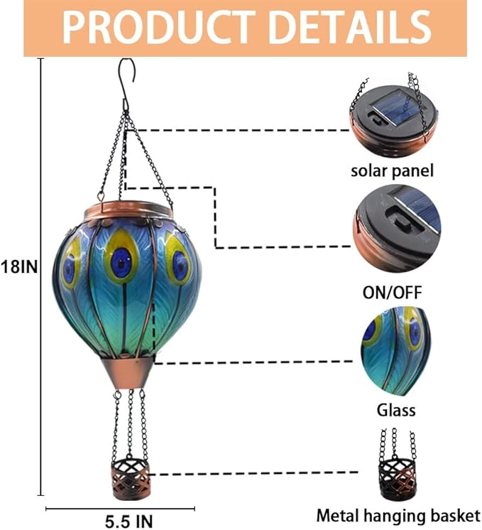 2PC Hot Air Balloon Solar Lantern with 2PC Shepherd Hook, Flickering Flame Hanging Solar Lanterns Outdoor Lights Waterproof Lanterns for Garden Patio Yard Party Decor (Peacock Feather Blue)