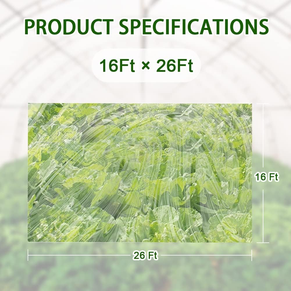6 mil Greenhouse Plastic Film Sheeting Cover 16 x 26 Ft UV Resistant Clear Polyethylene Film Green House Hoop Farm Plastic Cover for Gardening, Farming, Agriculture