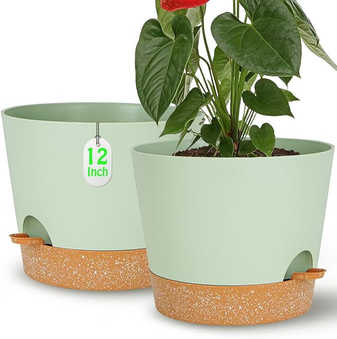 Self Watering Green Plastic Plant Pot Flower Planters with Drainage Hole And Deep Reservoir Large Planting Pots for for All Houseplants,Succulent, African Violets, Flowers and Cactus 12Inch/2pcs