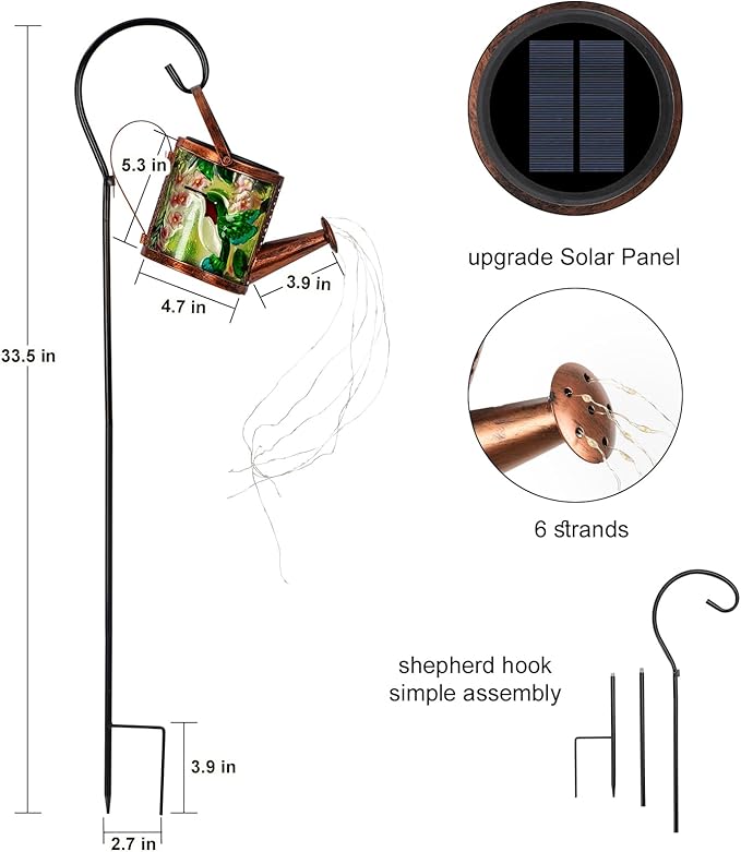 Larekook Solar Outdoor Watering Can Lights Decorative Path Lights, Metal Glass Solar Garden Light Outdoor Waterfall Decor Ornament for Yard Lighting Outside Hummingbird