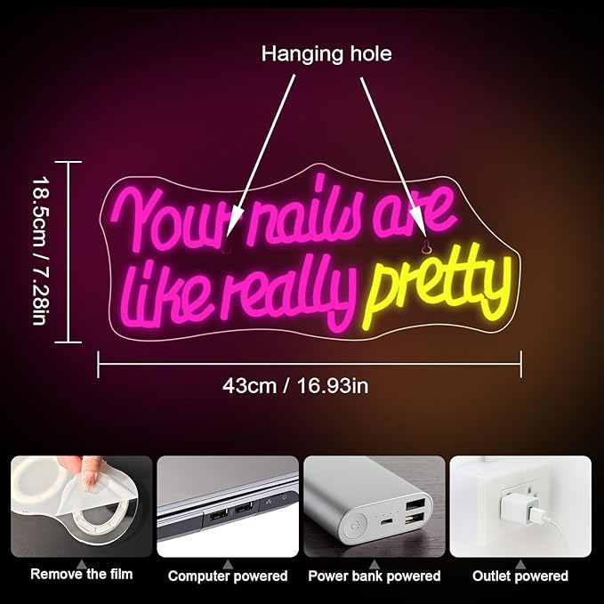 WLHOPE Your Nails Are Like Really Pretty Neon Sign, Nail Neon Signs for Wall Decor, Pink Led Signs USB Connectivity Nails Light Up Signs for Nails Shop Nails Salon Home Bar Girls Room Beauty Shop Nails Room
