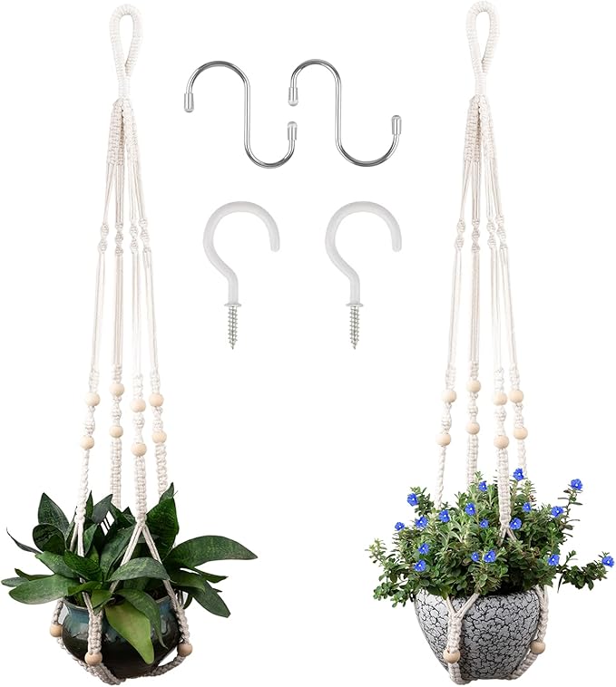 Macrame Plant Hanger for 5 to 10 Inch Plant Pots, Set of 2 Indoor Handmade 35 Inch Woven Rope Hanger Kits with Hooks and Wood Beads, Hanging Planter Basket Holder for Boho Home Decor (White, 2 Pack)