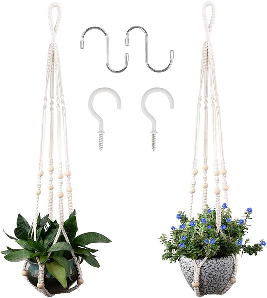 Macrame Plant Hanger for 5 to 10 Inch Plant Pots, Set of 2 Indoor Handmade 35 Inch Woven Rope Hanger Kits with Hooks and Wood Beads, Hanging Planter Basket Holder for Boho Home Decor (White, 2 Pack)