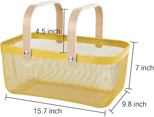 Portable Mesh Harvest Basket - Natural Bamboo Handle Foldable Organizer for Kitchen, Garden & Picnic | Ventilated Storage Bin with Rust-Proof Wire, Space-Saving Farmhouse Decor (Lemon Yellow)