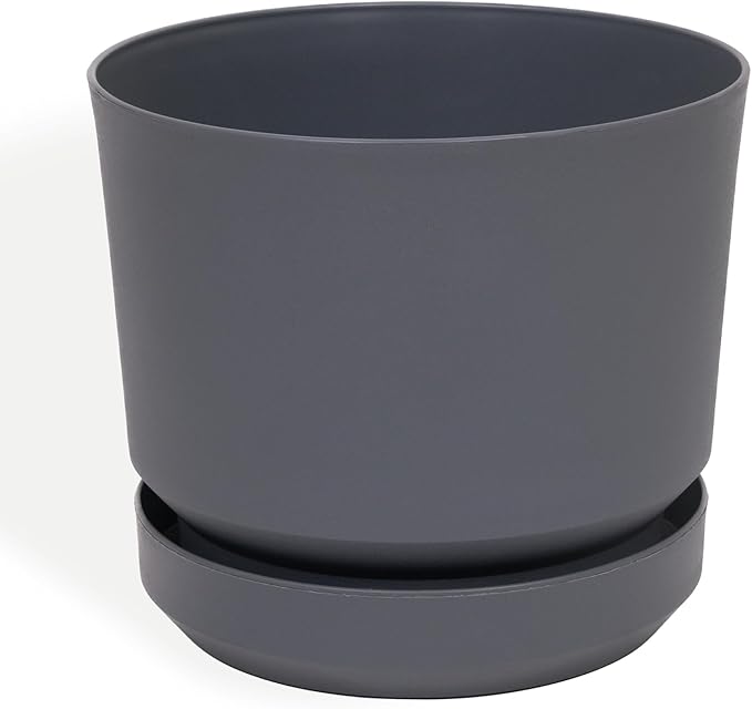 Elly Décor 14 inch Plastic Cylinder Planter Pot with Self-Watering Saucer and Drainage Hole,Lightweight & Extremely Durable, 14"x 14", Gray