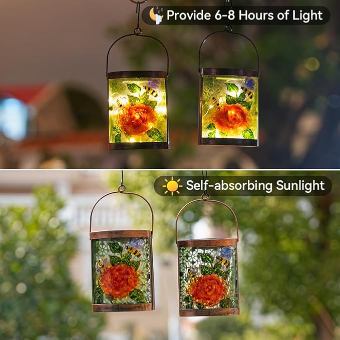 Starsoul 2 Pack Hanging Solar Lantern Outdoor Waterproof Glass Bee and Flowers Decorative Solar Lights for Outside Garden Yard Table Patio Decor