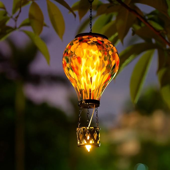 Starsoul Hot Air Balloon Solar Lantern Glass Outdoor Hot Air Balloon Solar Flickering Flame Light Waterproof Hanging Lantern for Garden Yard Patio Decorations
