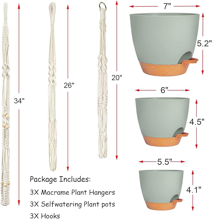 Self Watering Hanging Planters for Indoor Plants 3 Pack Macrame Plant Hangers with Drainage Holes Pots and Hooks for Home Garden Decor Green