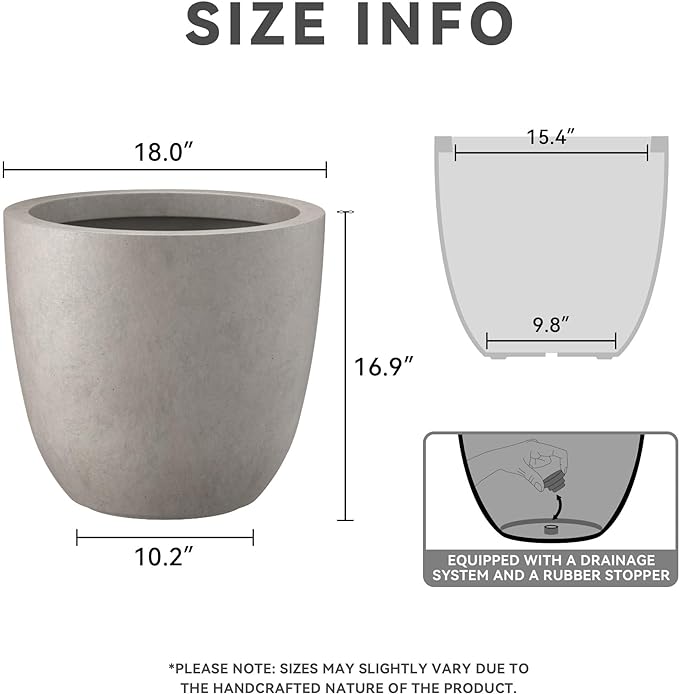 Kante 18 Inch Diameter Round Concrete Planter, Indoor Outdoor Large Plant Pot with Drainage Hole and Rubber Plug for Home Patio Garden, Buff Concrete