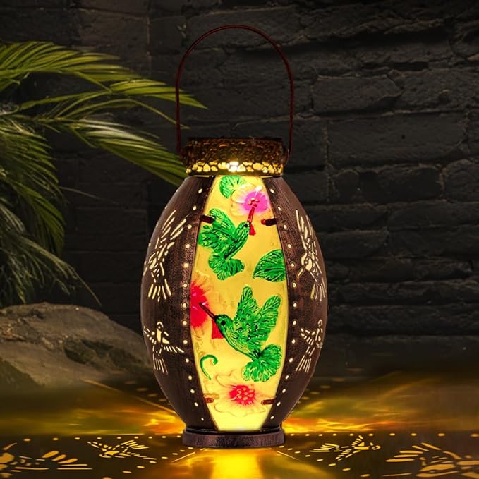 Starsoul Flamingo + Hummingbird Solar Lantern Solar Hot Air Balloon Flickering Flame Hanging Garden Light Stained Glass & Metal Outdoor Lantern Waterproof Hummingbird Hanging Lantern