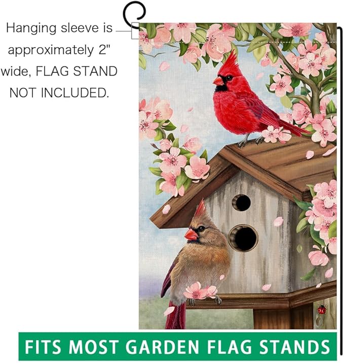 BLKWHT Spring Cardinal Bird Garden Flag 12x18 Vertical Double Sided Pink Flowers Tree Summer Farmhouse Holiday Outside Decorations Burlap Yard Flag BW792
