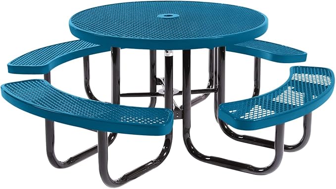Heavy-Duty Portable Outdoor Picnic Table with Umbrella Hole, Expanded Metal Commercial-Grade Patio Dining Furniture Made in America (46" Round Top, Light Blue)
