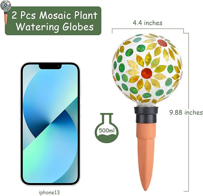 Plant Watering Globes Mosaic Self Watering Spikes 2 Pack for Indoor Outdoor Plants Automatic Plant Waterer Plant Watering Devices for Vacations Pot