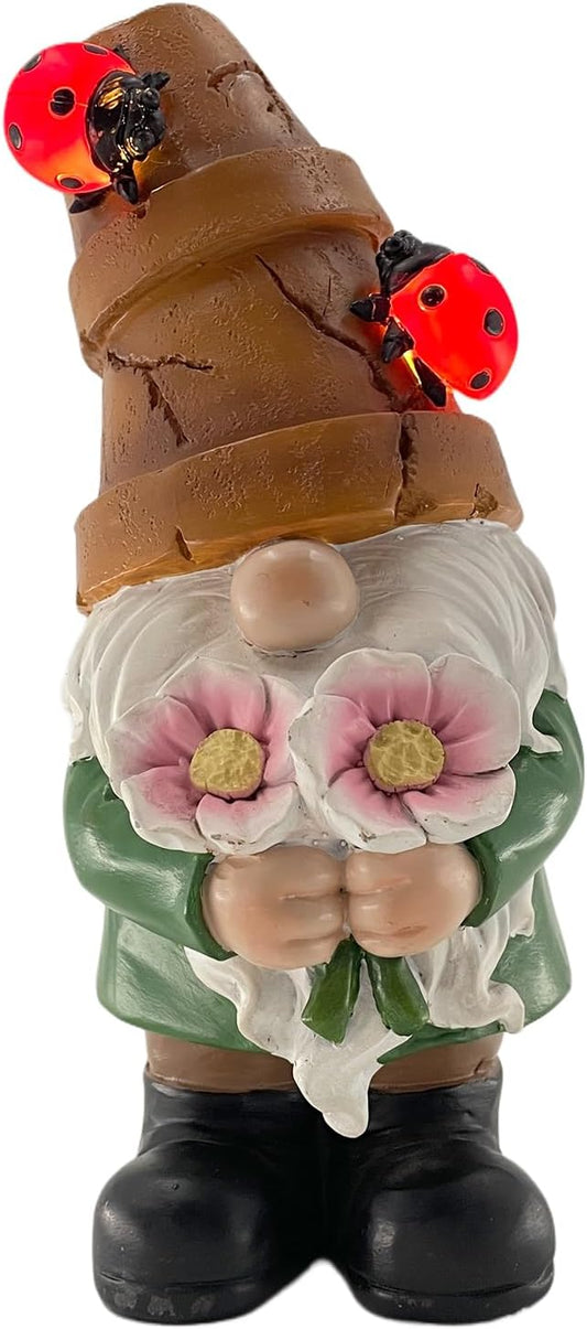 Garden Gnome Statues Outdoor Decor, Solar Gnomes with LED Lighted Flowers, Solar Resin Garden Outdoor Statue Sculpture, for Woman Gift Home and Garden Decor