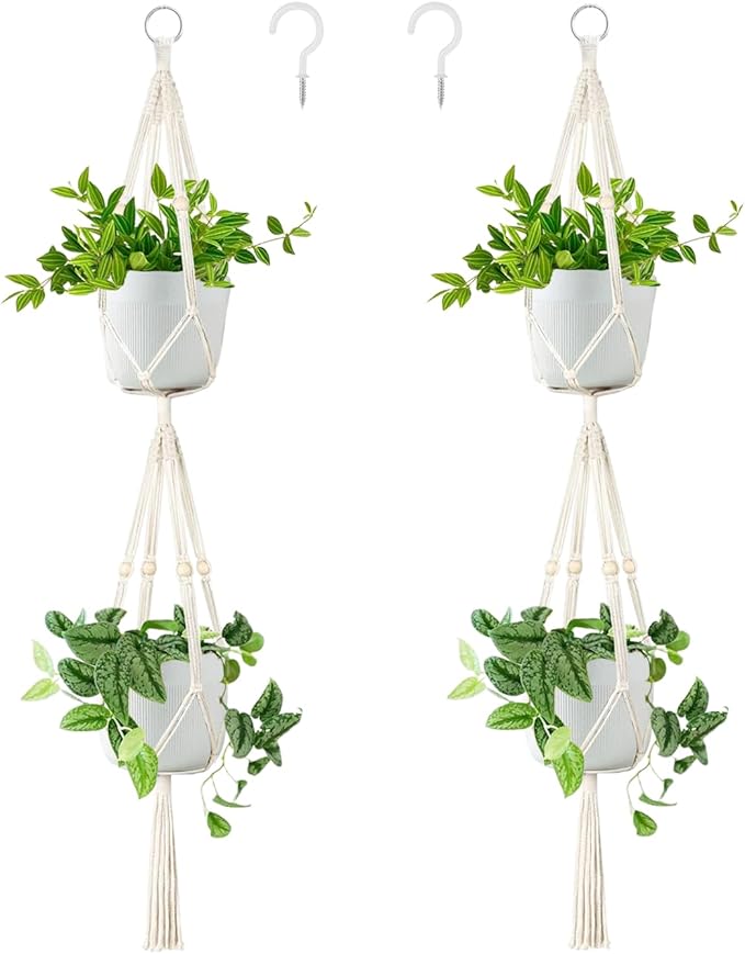 Belit 2 Pack Double Macrame Plant Hangers 2 Tier Hanging Planter Basket Decorative Flower Pot Holder Rope for Indoor Outdoor Home Decor 51 Inch