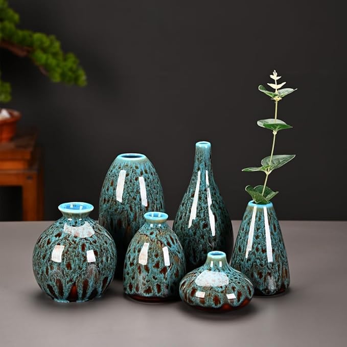 Ceramic Bud Vase Set, Fambe Blue Glazed Finish, Decorative Flower Vases (Blue-Set of 6)