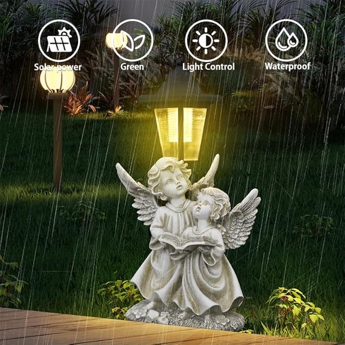 Solar Garden Outdoor Decor Statues Winged Angel Reading with Light,Outside-Outdoor Decorations Sculptures for Patio Yard Lawn Walkway Ornaments Clearance Gifts for Mom Grandma Birthday