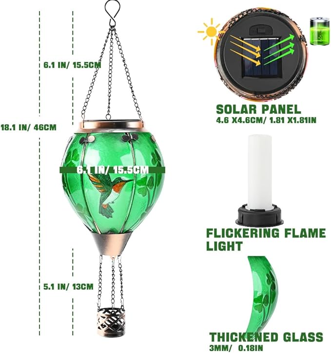 St Patricks Hot Air Balloon Solar Lantern - Simulated Flickering Flame Patrick's Shamrock Glass Lantern, Outdoor Hummingbird Hanging Yard Light for St Patty's Day Patio Porch Decor Clover Gfit