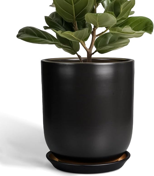 Ceramic Planter 10 Inch - Ceramic Pot for Indoor Plants Outdoor Plant Pot with Drainage Hole and Saucer Cylinder Flower Pot Black