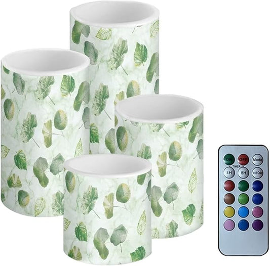 Flameless Candles Battery Powered LED Candles with Remote Timer Color Changing Control Long Lasting for Indoor Outdoor Home Decoration Set of 4, Green Leaf Lotus Leaf