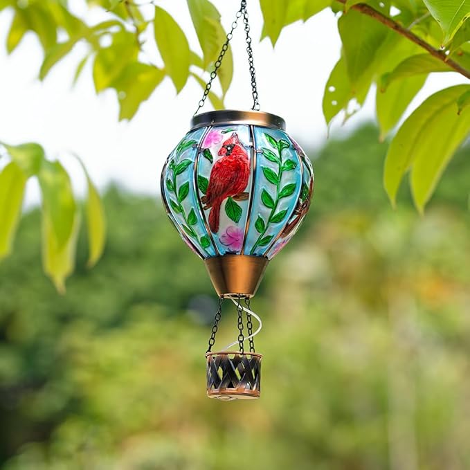 Starsoul Cardinal Hot Air Balloon Solar Flickering Flame with Candle Holder Outdoor Solar Lantern Hot Air Balloon Solar Light Waterproof Hanging Solar Balloon Lamp Garden Patio Yard Decor