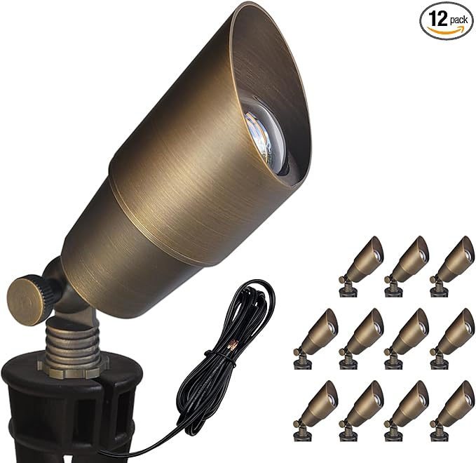 COLOER Die-cast Brass Landscape Spotlights Outdoor, 12V AC/DC Low Voltage LED Garden Landscape Lighting, IP65 Waterproof Outdoor Uplighting (101B,Bronze,12-Pack Without Bulb)