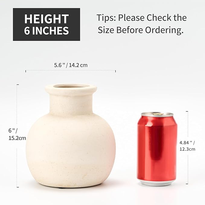 SIDUCAL Ceramic Rustic Farmhouse Vase | 6 Inch Pottery Decorative Boho Flower Vase for Home Decor, Table, Living Room, Bathroom Decoration, Shelf Decor, Mantel, Wedding, White