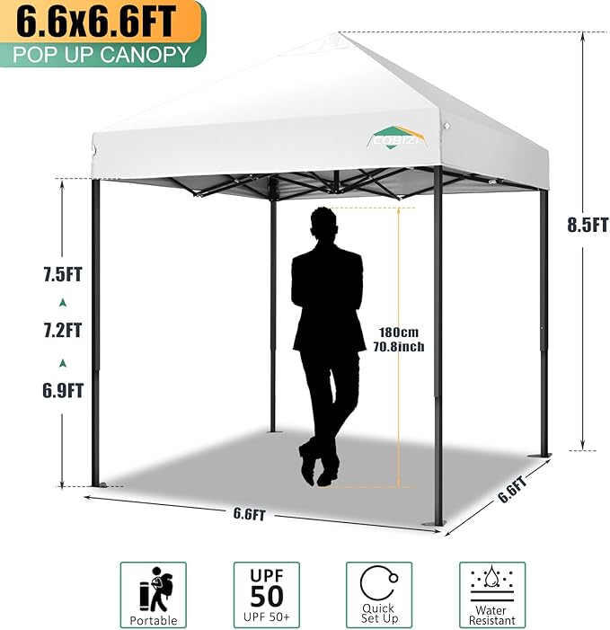 COBIZI 6.6x6.6ft Pop Up Canopy Tent, Heavy Duty Canopy Easy Set up All Weather Waterproof Outdoor Canopy Tent for Parties, Beach, Garden, Camping with 1 Handbag, 3 Adjustable Heights, UPF50+, White