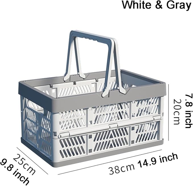 20L Plastic Collapsible Storage Crate - Foldable Handle Crate Storage Basket Bin - White & Gray M