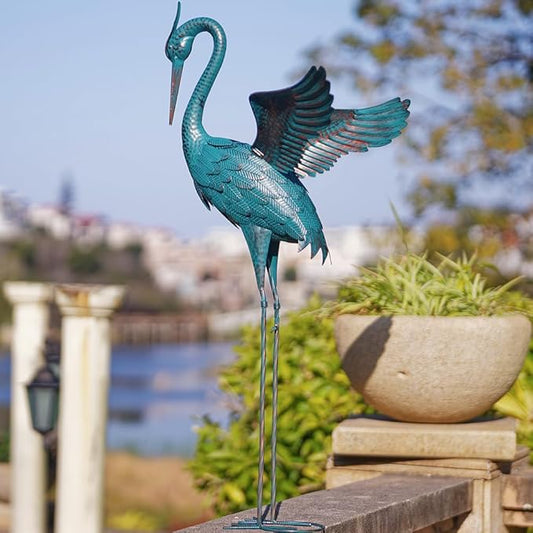 44'' Blue Heron Garden Statue, Large Crane Outdoor Statue, Crane Metal Yard Art for Outside Backyard, Pond, Patio, Lawn Decor