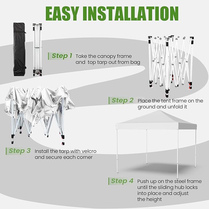Shades 10x10 Pop Up Canopy,Heavy Duty Beach Tent with Carrying Bag for Easy Moving,Sun Shelter for Parties,Events,Camping,Outdoor Gazebo with 420D PU Coated Waterproof White Fabric,4 Sandbags