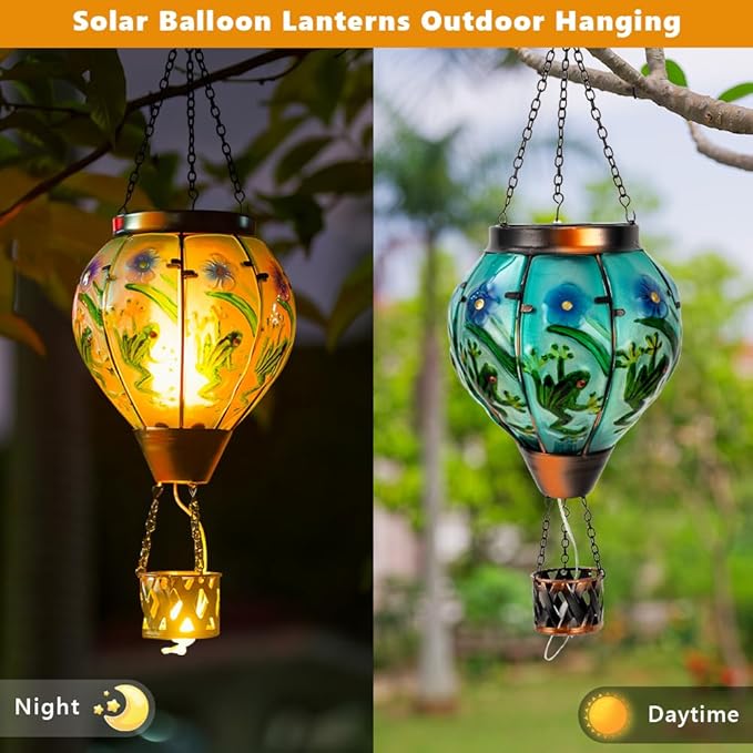 Starsoul Frog Hot Air Balloon Solar Lantern with Candle Holder Glass Outdoor Solar Hot Air Balloon Flickering Flame Lamp Hanging Garden Light Waterproof for Lawn Porch Tree Yard Decorations