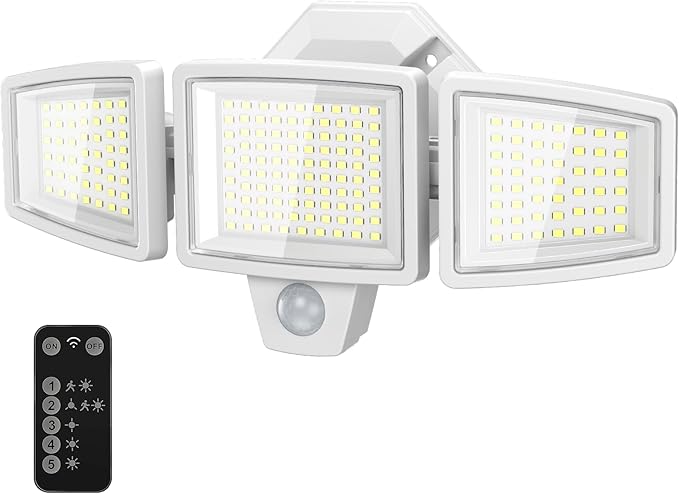 65W LED Flood Light Outdoor, 6500LM, Waterproof, 6500K Motion Sensor Flood Lights Outdoor with Adjustable 3 Head Detected Floodlight for Outside Entryway Garage, Yard, Porch, White