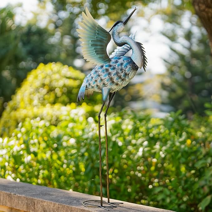 DREAMSOUL 40" Large Blue Heron Garden Statues Metal Crane Outdoor Statues Yard Art, Bird Statue for Backyard Lawn Patio Outside Decor