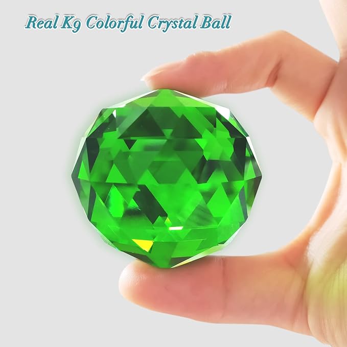 Fonmy Gazing Ball Spiral Tail -Decorative Wind Spinner Sun Catcher Rainbow Maker 11 inch Tail and 2 inch Green Crystal Orb. Indoor Outdoor Garden Decoration -13 inch Height