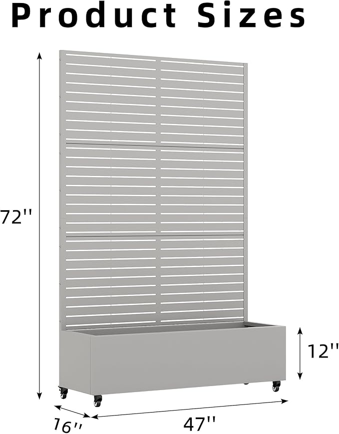 Casaphoria Metal Raised Garden Bed with Trellis and Wheels, 72"x47"x16" Planter Box for Climbing Plants, Vegetables & Vines, Features Drainage Holes and Privacy Screen (Grey-Louvered)