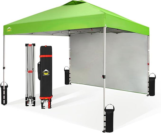 CROWN SHADES 10x10 Pop Up Canopy with 1 Side Wall - Beach Tent with One Push Setup - Outdoor Sun Shade for Events, Parties, Camping - Gazebo with STO-N-Go Cover Bag (Green)