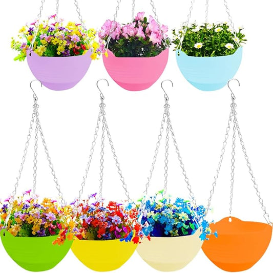7 Pack 8 Inch Plastic Self-Watering Hanging Planters,Colorful Garden Flower Plant Pot Container,Hanging Plant Baskets with Drainer and Chain for Indoor Outdoor Use,7 Colors
