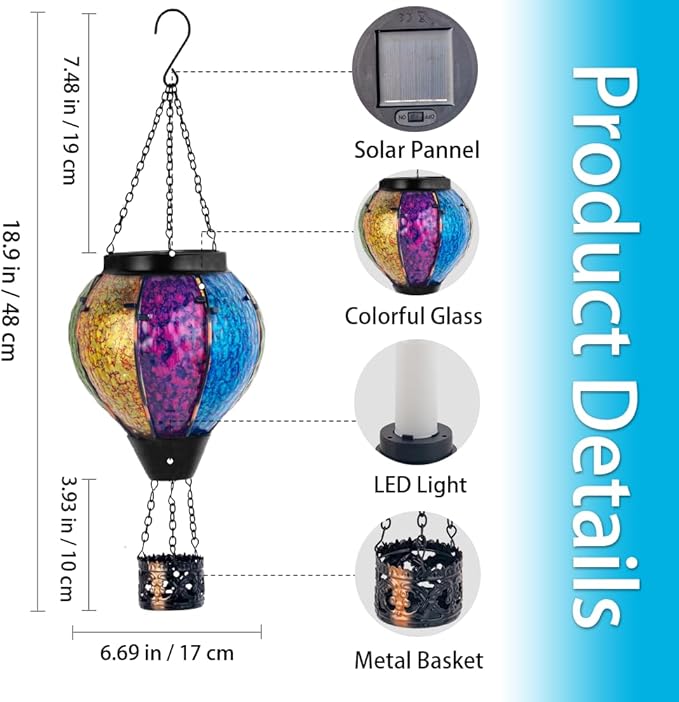 Solar Hot Air Balloon Outdoor Lantern with Flickering Flame, Handmade Glass Hanging Outdoor Lantern Waterproof Decorative Lantern Lamp for Patio, Garden, Porch (Colorful)