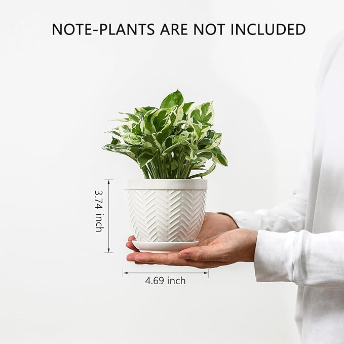 Sureasy Ceramic Plant Pots, 4.7 Inch Flower Pots for Indoor Plants, Succulent Pots with Saucer and Drainage Hole, Decorative Planter for Succulent, Cactus, Set of 4, White